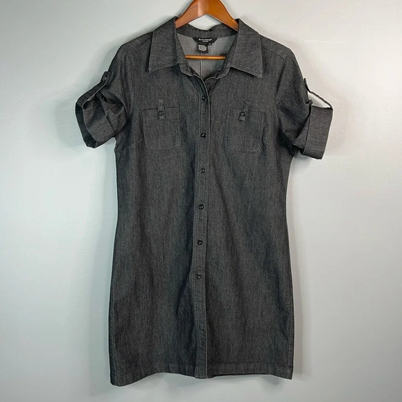 Sandro Sportswear Stretch Denim Shirt Dress Black Tab Sleeve Button Up Collar 12 - Picture 12 of 12